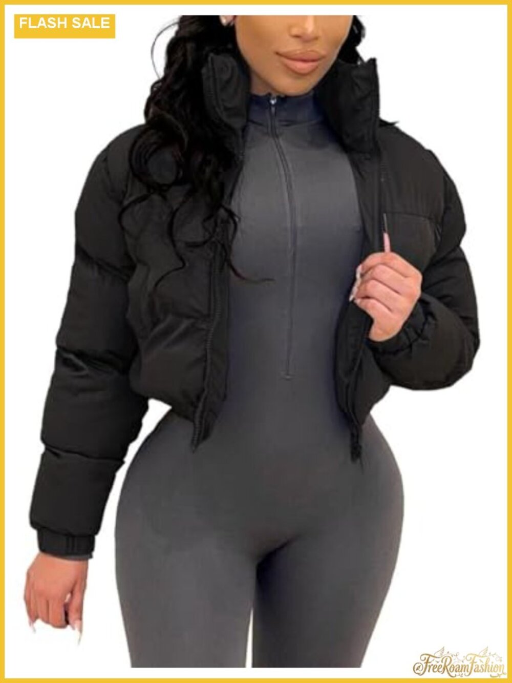 Cropped Puffer Jacket Women's Winter Quilted Lightweight Zip Up Coat